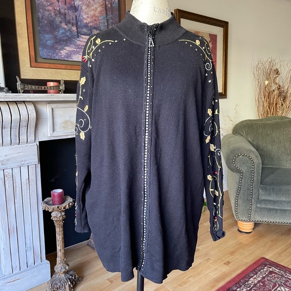 CHRISTMAS HOLLY QUACKER FACTORY Blingy Black Gold Sweater Zipper Jacket Sz 3X - Picture 8 of 8